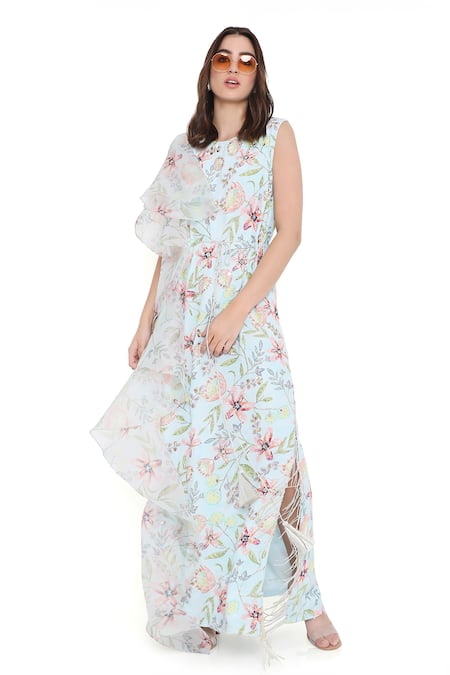 Payal Singhal_Purple Crepe Embroidered Floral Round Dream Print Kaftan _at_Aza_Fashions