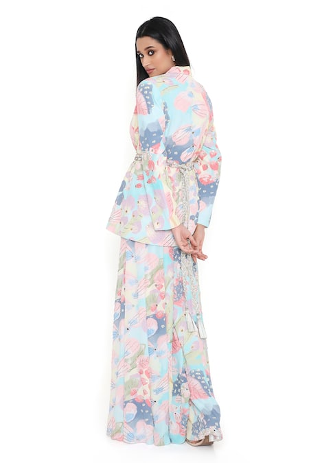 Payal Singhal Multi Color Crepe Embroidered Mirror Jacket Lapel Euphoria Print Sharara Set Online at Aza Fashions Payal Singhal_Multi Color Crepe Embroidered Mirror Jacket Lapel Euphoria Print Sharara Set _Online_at_Aza_Fashions