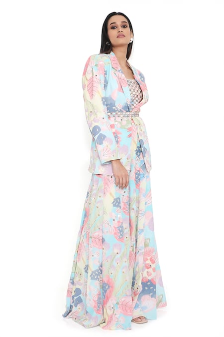 Buy Payal Singhal Multi Color Crepe Embroidered Mirror Jacket Lapel Euphoria Print Sharara Set Online at Aza Fashions Buy_Payal Singhal_Multi Color Crepe Embroidered Mirror Jacket Lapel Euphoria Print Sharara Set _Online_at_Aza_Fashions