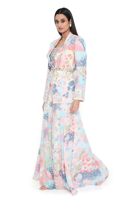 Shop Payal Singhal Multi Color Crepe Embroidered Mirror Jacket Lapel Euphoria Print Sharara Set Online at Aza Fashions Shop_Payal Singhal_Multi Color Crepe Embroidered Mirror Jacket Lapel Euphoria Print Sharara Set _Online_at_Aza_Fashions