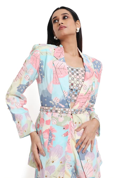 Payal Singhal Multi Color Crepe Embroidered Mirror Jacket Lapel Euphoria Print Sharara Set at Aza Fashions Payal Singhal_Multi Color Crepe Embroidered Mirror Jacket Lapel Euphoria Print Sharara Set _at_Aza_Fashions