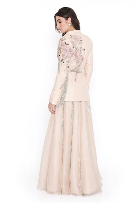 Payal Singhal_Grey Organza Embroidered Floral Lapel Collar Jacket With Lehenga _Online_at_Aza_Fashions