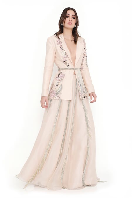 Buy_Payal Singhal_Grey Organza Embroidered Floral Lapel Collar Jacket With Lehenga _Online_at_Aza_Fashions