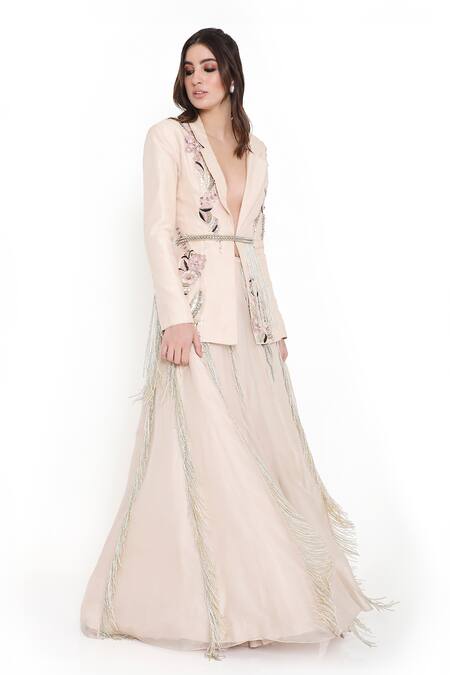 Shop_Payal Singhal_Grey Organza Embroidered Floral Lapel Collar Jacket With Lehenga _Online_at_Aza_Fashions