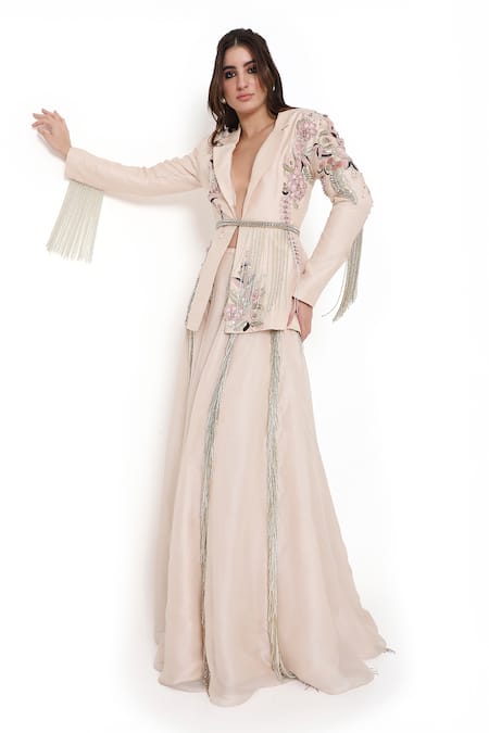 Payal Singhal_Grey Organza Embroidered Floral Lapel Collar Jacket With Lehenga _at_Aza_Fashions