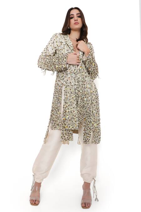 Shop Payal Singhal Off White Georgette Embroidered Bead Lapel Collar Stone Jacket Pant Set Online at Aza Fashions Shop_Payal Singhal_Off White Georgette Embroidered Bead Lapel Collar Stone Jacket Pant Set _Online_at_Aza_Fashions