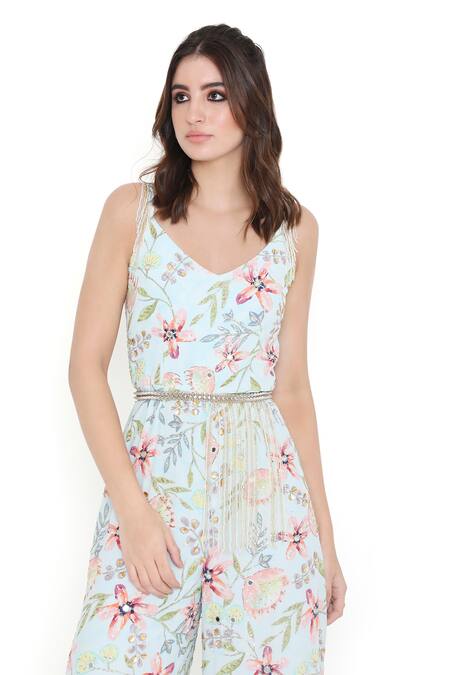 Payal Singhal_Purple Crepe Embroidered Floral Print V Neck Dream Jumpsuit _at_Aza_Fashions