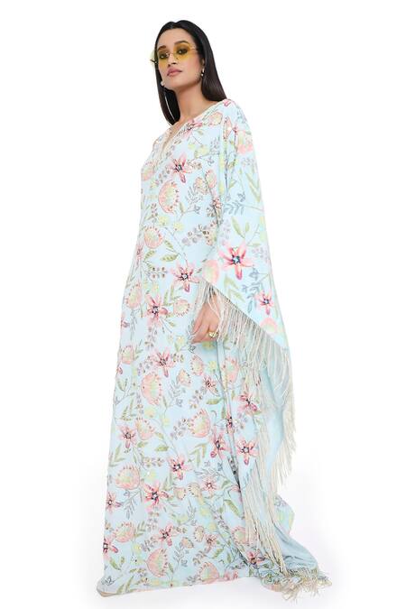 Buy_Payal Singhal_Blue Crepe Embroidered Floral Print Notched Round Dream Kaftan _Online_at_Aza_Fashions