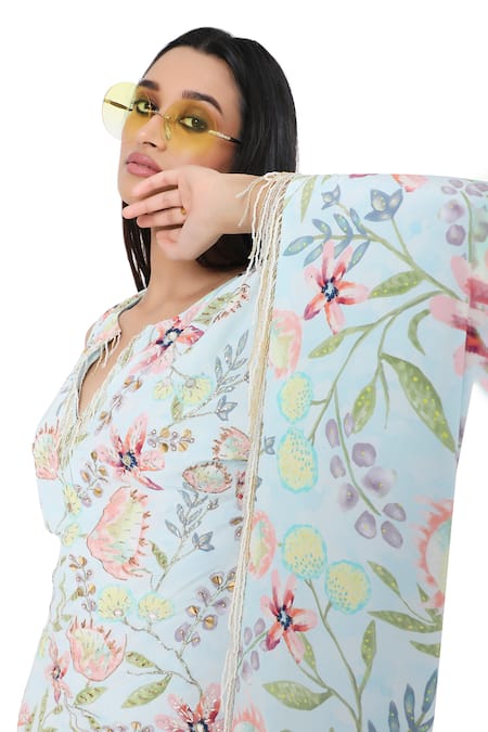 Shop_Payal Singhal_Blue Crepe Embroidered Floral Print Notched Round Dream Kaftan _Online_at_Aza_Fashions