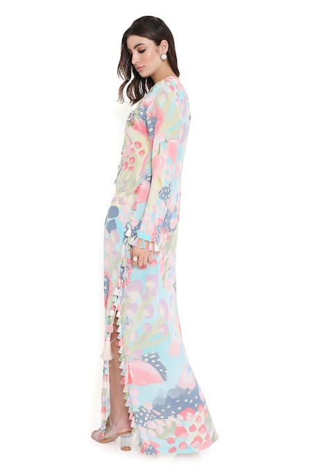 Buy_Payal Singhal_Multi Color Crepe Embroidered Euphoria Notched Round Print Side Slit Kaftan _Online_at_Aza_Fashions