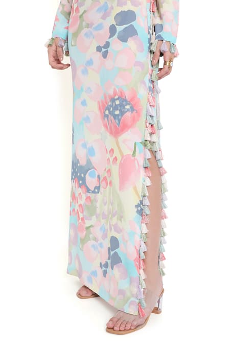 Payal Singhal_Multi Color Crepe Embroidered Euphoria Notched Round Print Side Slit Kaftan _at_Aza_Fashions