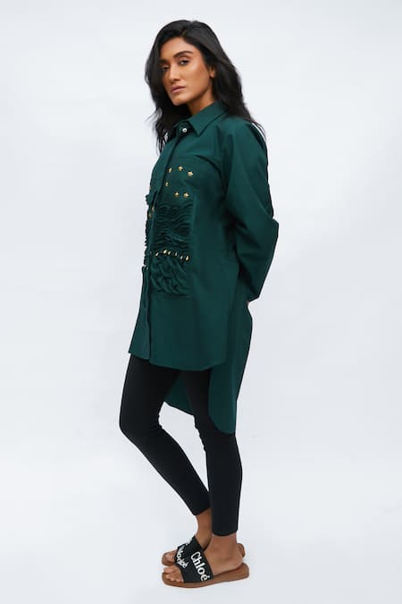 Buy Studio Moda India Green Cotton Embroidery Collared The Sensility Beach Embellished Shirt Online at Aza Fashions Buy_Studio Moda India_Green Cotton Embroidery Collared The Sensility Beach Embellished Shirt _Online_at_Aza_Fashions