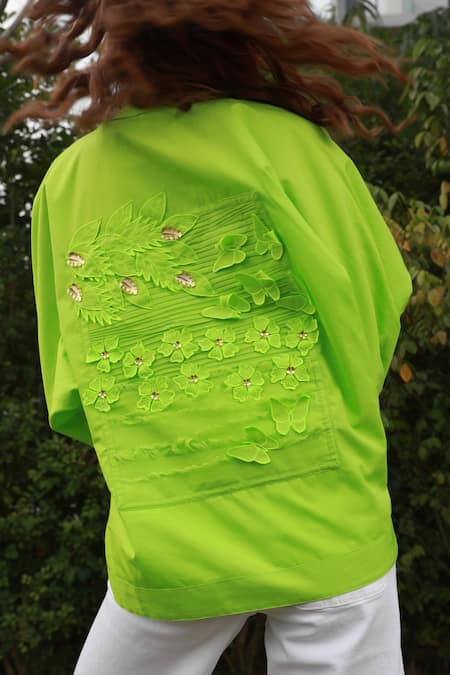 Shop_Studio Moda India_Green Cotton Embroidery Collared The Blair Garden Shirt _at_Aza_Fashions