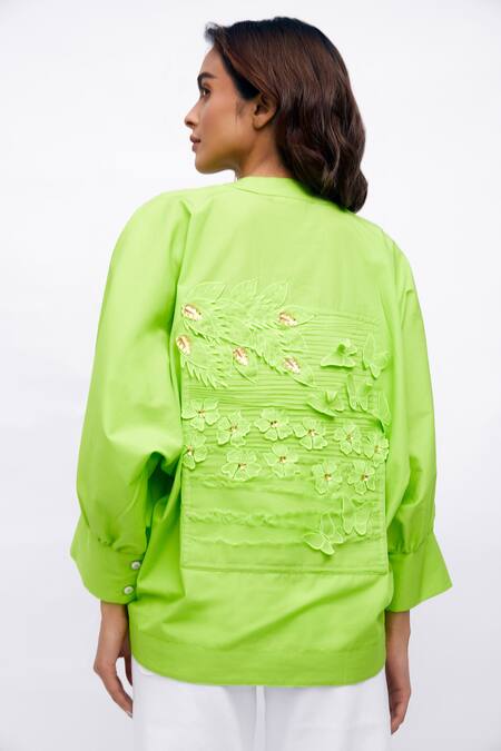 Studio Moda India_Green Cotton Embroidery Collared The Blair Garden Shirt _Online_at_Aza_Fashions