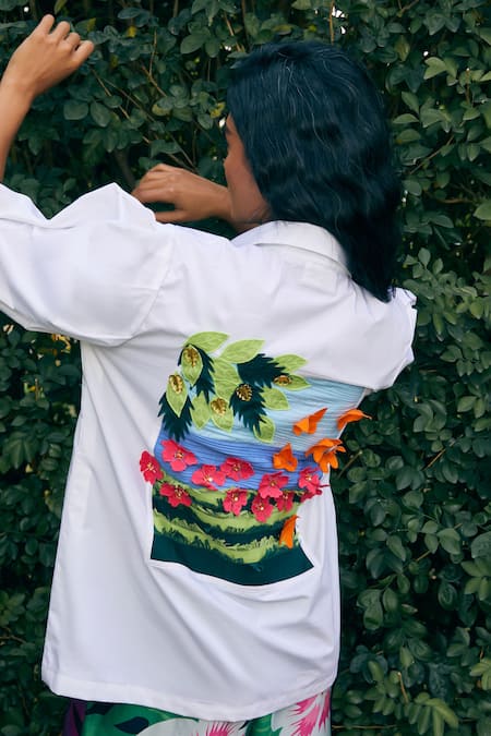 Buy_Studio Moda India_White Cotton Embroidery Collared The Blair Garden Floral Work Shirt _Online_at_Aza_Fashions