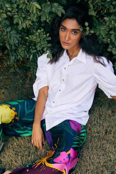 Shop_Studio Moda India_White Cotton Embroidery Collared The Blair Garden Floral Work Shirt _Online_at_Aza_Fashions