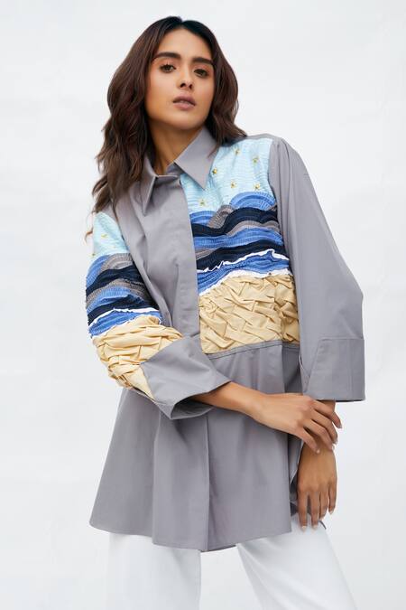 Studio Moda India Blue Cotton Embroidery Collared The Rory Beach Shirt Online at Aza Fashions Studio Moda India_Blue Cotton Embroidery Collared The Rory Beach Shirt _Online_at_Aza_Fashions