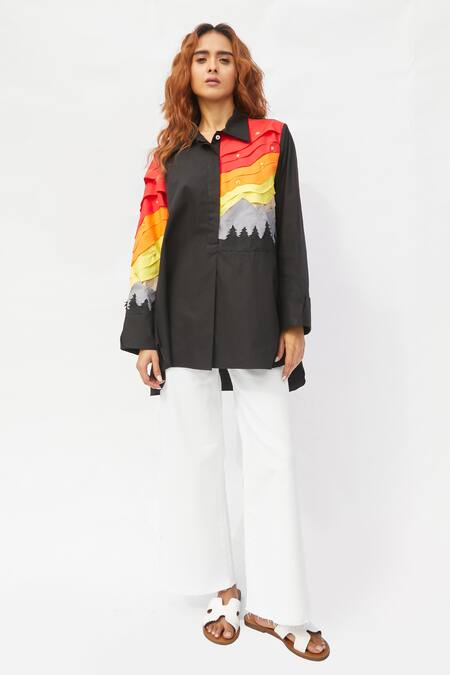 Studio Moda India_Black Cotton Embroidery Collared The Woodrow Night Shirt _Online_at_Aza_Fashions