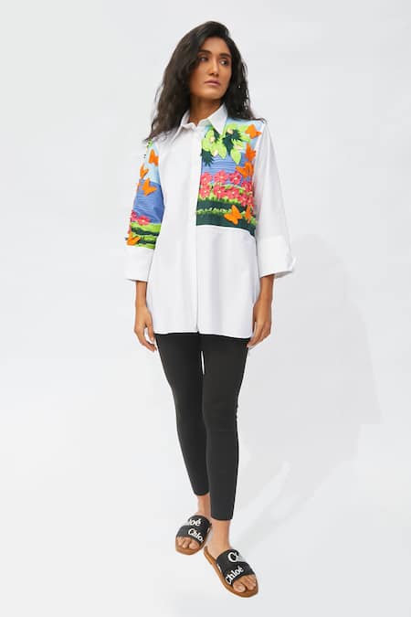 Studio Moda India White 100% Cotton Embroidered Petals Collar The Orion Garden Shirt  