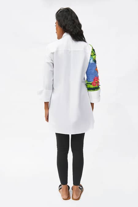 Shop_Studio Moda India_White Cotton Embroidery Collared The Orion Garden Shirt _at_Aza_Fashions