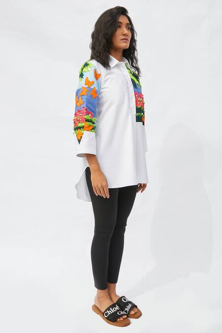 Studio Moda India_White Cotton Embroidery Collared The Orion Garden Shirt _Online_at_Aza_Fashions