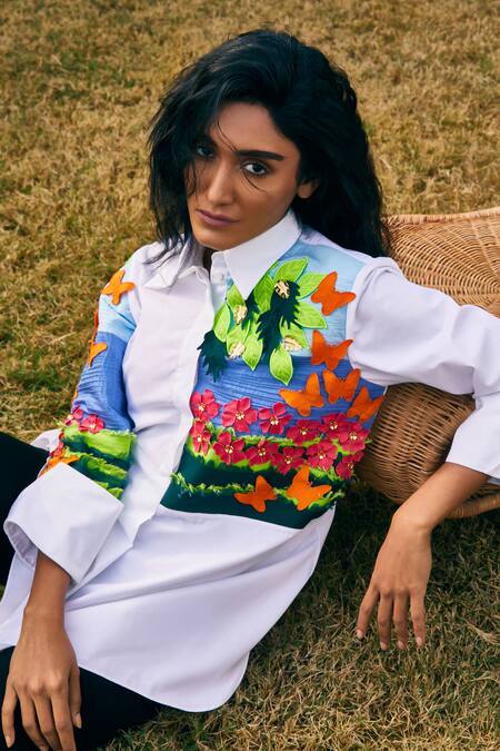 Buy_Studio Moda India_White Cotton Embroidery Collared The Orion Garden Shirt _Online_at_Aza_Fashions