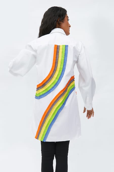 Shop_Studio Moda India_White Cotton Collared The Ivy Rainbow Shirt _at_Aza_Fashions