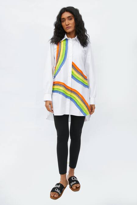 Studio Moda India_White Cotton Collared The Ivy Rainbow Shirt _Online_at_Aza_Fashions