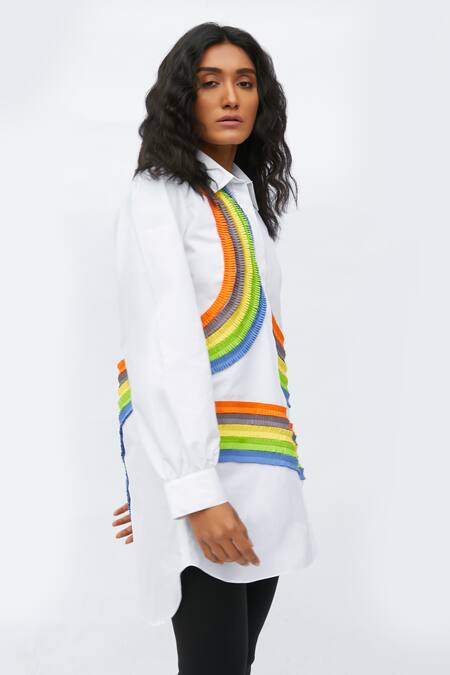 Buy_Studio Moda India_White Cotton Collared The Ivy Rainbow Shirt _Online_at_Aza_Fashions