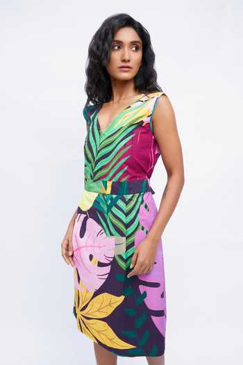 Studio Moda India_Multi Color Cotton Bows V-neck The Amber Ruffles Printed Dress_Online_at_Aza_Fashions