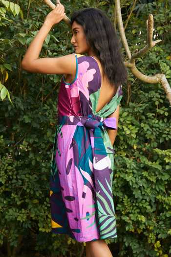 Buy_Studio Moda India_Multi Color Cotton Bows V-neck The Amber Ruffles Printed Dress_Online_at_Aza_Fashions