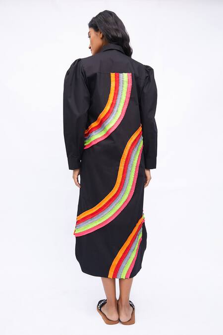 Shop_Studio Moda India_Black Cotton Collared The Ivy Rainbow Frilled Dress _at_Aza_Fashions
