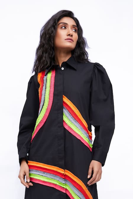 Studio Moda India_Black Cotton Collared The Ivy Rainbow Frilled Dress _Online_at_Aza_Fashions