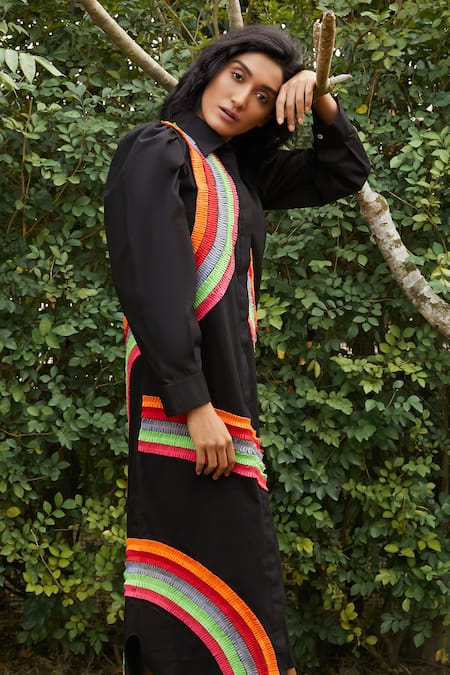 Shop_Studio Moda India_Black Cotton Collared The Ivy Rainbow Frilled Dress _Online_at_Aza_Fashions