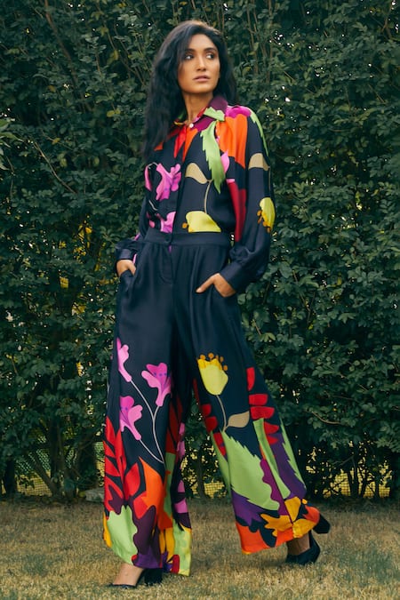 Studio Moda India Black Bemberg Printed Floral Collar The Sienna Shirt And Pant Set 