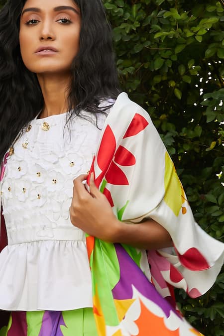 Shop_Studio Moda India_White Cotton Embroidery Round Neck The Ash Floral Crop Top _at_Aza_Fashions