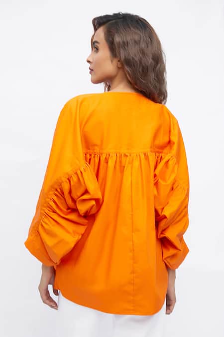 Shop_Studio Moda India_Orange Cotton Round Neck The Blaze Solid Shirt _at_Aza_Fashions