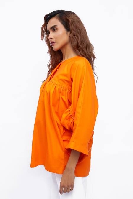Studio Moda India_Orange Cotton Round Neck The Blaze Solid Shirt _Online_at_Aza_Fashions