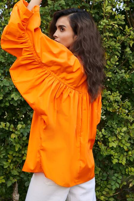 Buy_Studio Moda India_Orange Cotton Round Neck The Blaze Solid Shirt _Online_at_Aza_Fashions