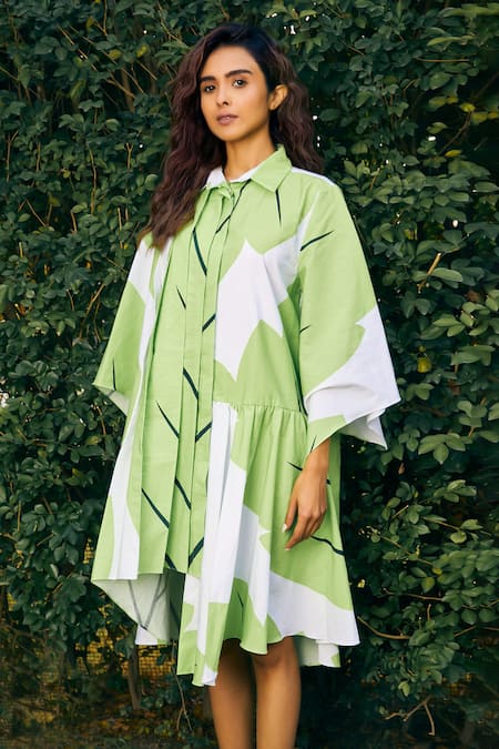 Studio Moda India Green 100% Cotton Printed Abstract Collar The Annona Dress  