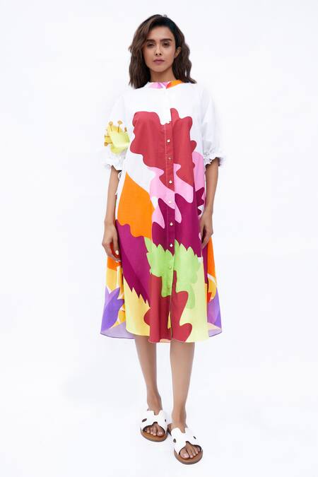 Studio Moda India Multi Color Cotton Mandarin Collar The Aurelia Printed Dress Online at Aza Fashions Studio Moda India_Multi Color Cotton Mandarin Collar The Aurelia Printed Dress _Online_at_Aza_Fashions