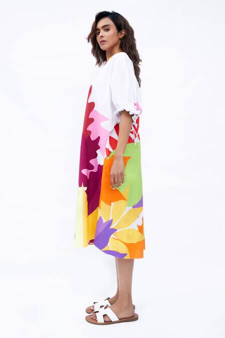 Shop Studio Moda India Multi Color Cotton Mandarin Collar The Aurelia Printed Dress Online at Aza Fashions Shop_Studio Moda India_Multi Color Cotton Mandarin Collar The Aurelia Printed Dress _Online_at_Aza_Fashions