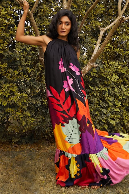 Studio Moda India Multi Color Bemberg Printed Floral Halter The Auberon Dress 