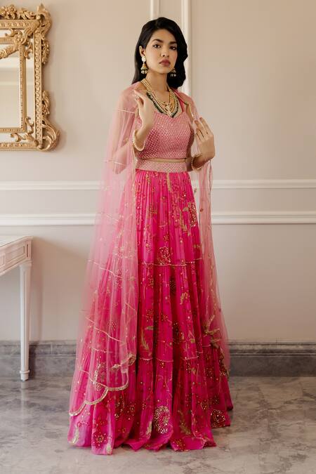 Paulmi And Harsh_Pink Lehenga Organza Blouse Cotton Silk Dupatta Net Tiered Print Set_Online_at_Aza_Fashions