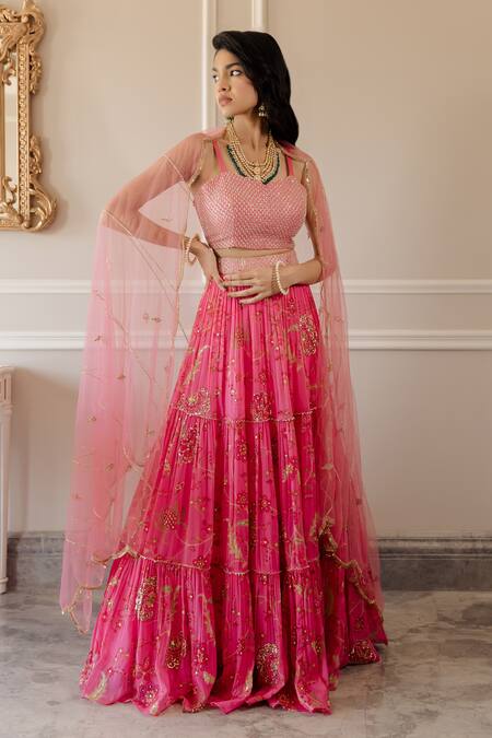 Buy_Paulmi And Harsh_Pink Lehenga Organza Blouse Cotton Silk Dupatta Net Tiered Print Set_Online_at_Aza_Fashions