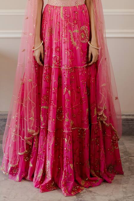Paulmi And Harsh_Pink Lehenga Organza Blouse Cotton Silk Dupatta Net Tiered Print Set_at_Aza_Fashions