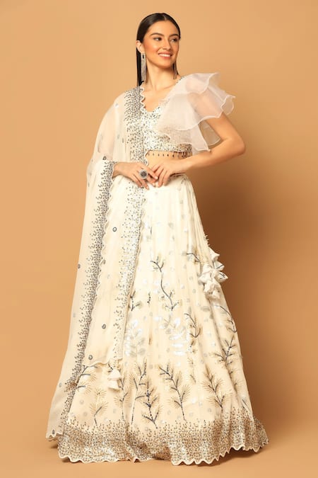Buy Two Sisters By Gyans White Georgette Beads, Sequins V-neck Garden Embroidered Lehenga Set Online at Aza Fashions Buy_Two Sisters By Gyans_White Georgette Beads, Sequins V-neck Garden Embroidered Lehenga Set _Online_at_Aza_Fashions