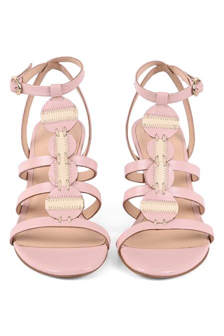 Shop Vanilla Moon Pink Embroidery Goldie Disc Embellished Strap Wedges at Aza Fashions Shop_Vanilla Moon_Pink Embroidery Goldie Disc Embellished Strap Wedges_at_Aza_Fashions