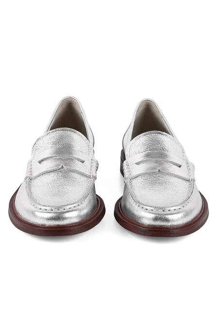 Shop_Vanilla Moon_Silver Omega Leather Metallic Loafers_at_Aza_Fashions