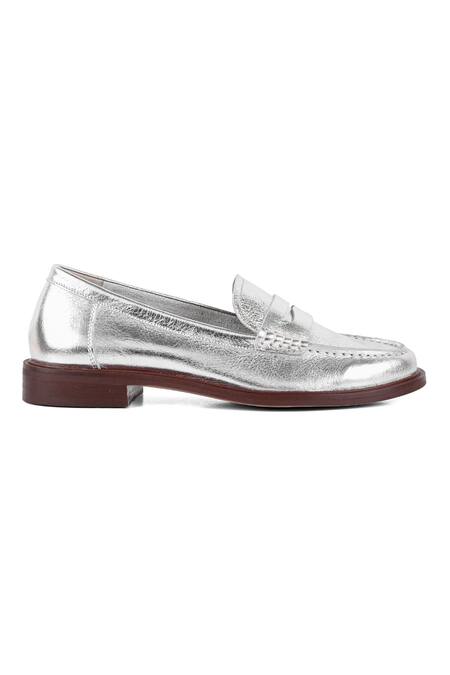 Vanilla Moon_Silver Omega Leather Metallic Loafers_Online_at_Aza_Fashions